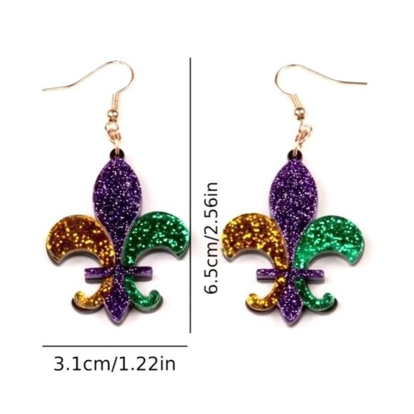 Mardi Gras Fleur De Lis‎ Glitter Dangle Earrings - Picture 3 of 3